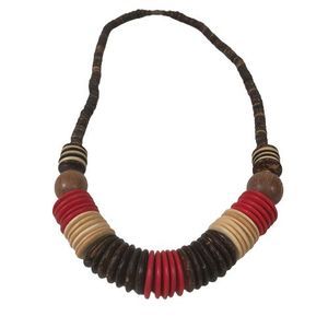 Coconut Shell Wood Bead Necklace 24" Handmade Chunky Boho Vintage Statement Red